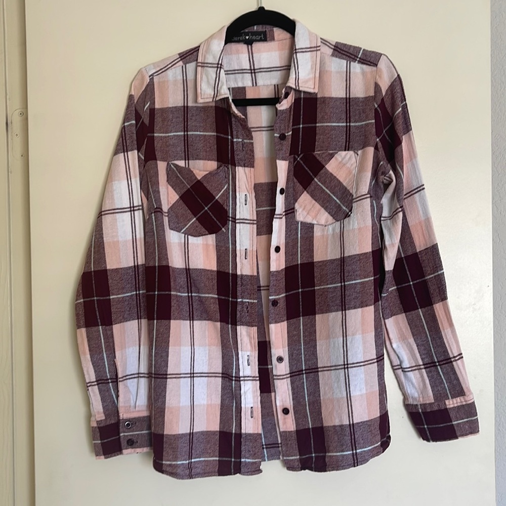 pink and purple derek heart flannel from boot barn. size small
